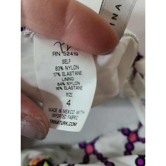 Trina Turk White Purple Shirred Side Hipster Kon Tiki Bikini Bottom Sz 4 - Picture 6 of 7